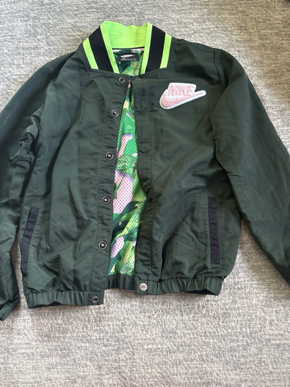 Nike Kids Dark Green Bomber Jacket with Neon Green Accents